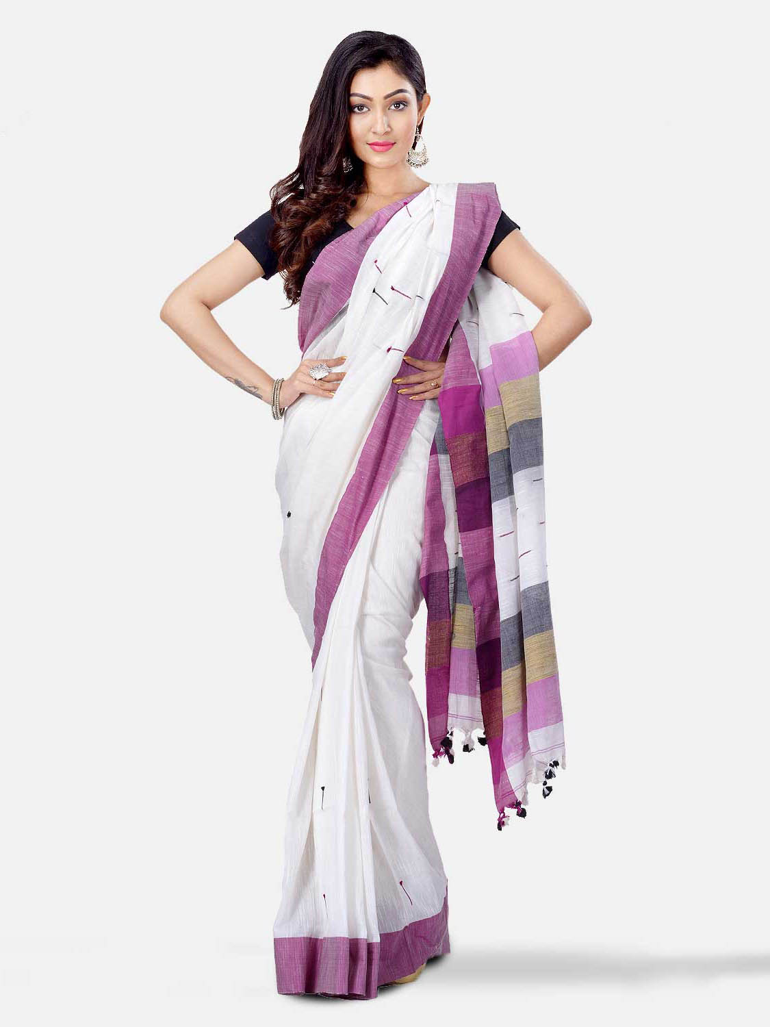  Pure Cotton Traditional Bengali Handloom Tant Saree Very Soft Cotton Materials Clical Desigined With Blouse Pcs (White Purple Grey)   
